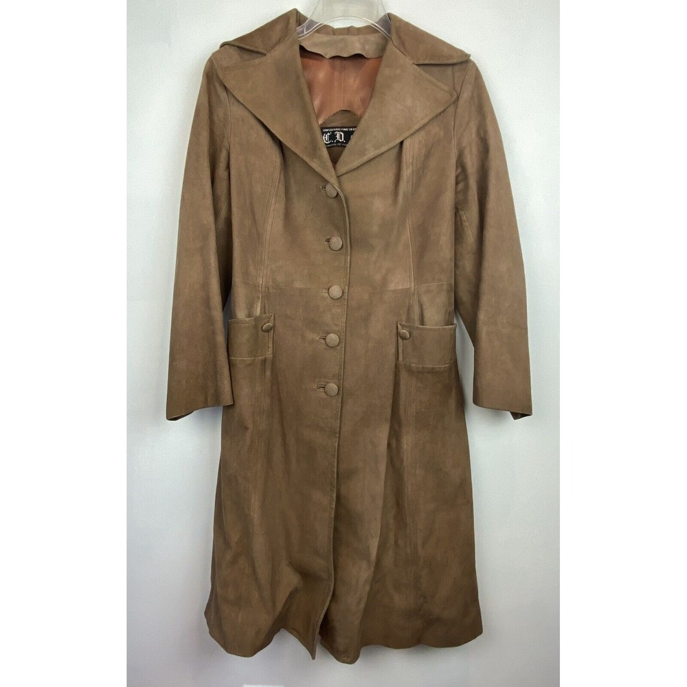 Vtg Coat Womens S Suede Trench Beige Button Long Classic Mod 70's Inspired Retro